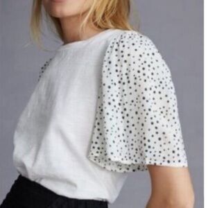 Anthropologie T.La White Top with Black Polka Dot Sleeves Size L